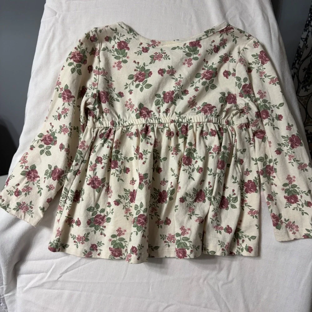 Nicole Miller New York Girls 2T Floral Peplum Top Long Sleeve Button Front Cream